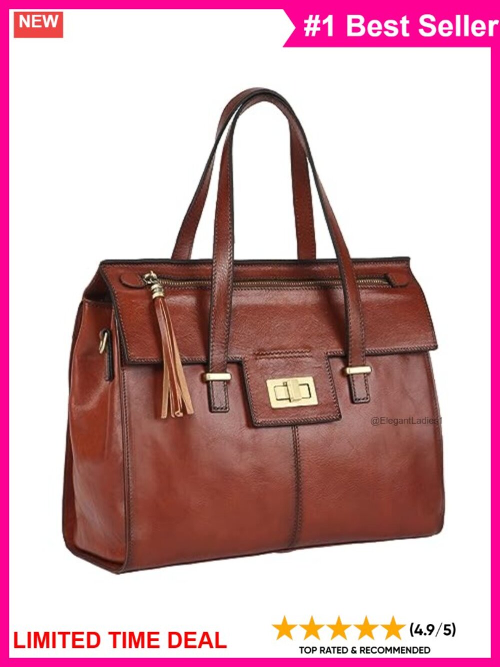 Italian Full Grain Leather Satchel Purse Fringe Turn Lock Crossbody Bag